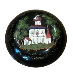 Russian Church Signed Lacquered Jewerly Trinket Box Red Inside 2” VTG